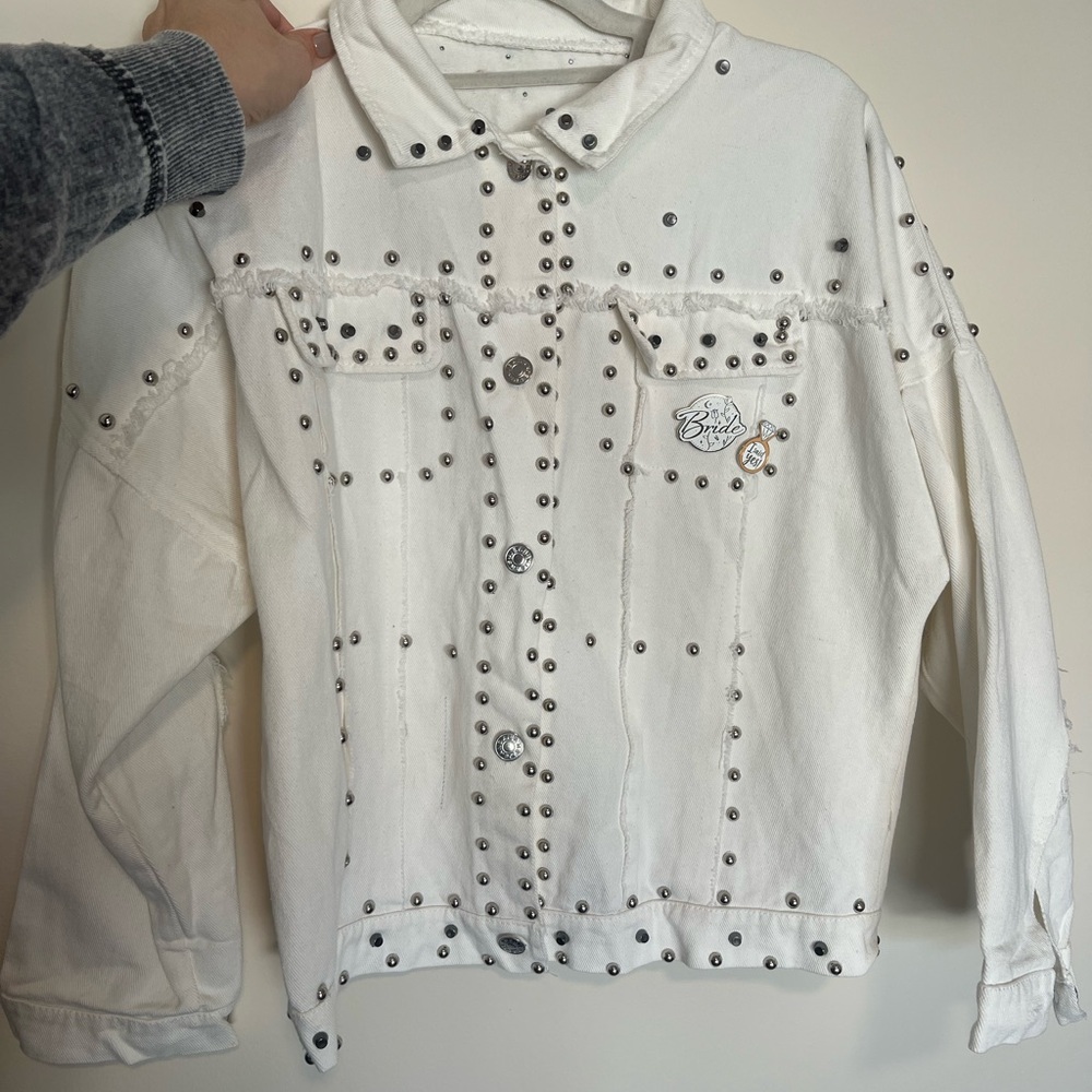 Bride white denim rhinestone jean jacket - bachelorette/wedding attire - size M